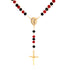The Rosary Necklace with Crucifix Pendant - Red and Black Crystal Beads is adorned with striking red and black crystal beads. It highlights a gold centerpiece featuring an image of a saint and ends in an elegant gold crucifix pendant. The beads are arranged in a loop, with a short, graceful section leading to the crucifix.